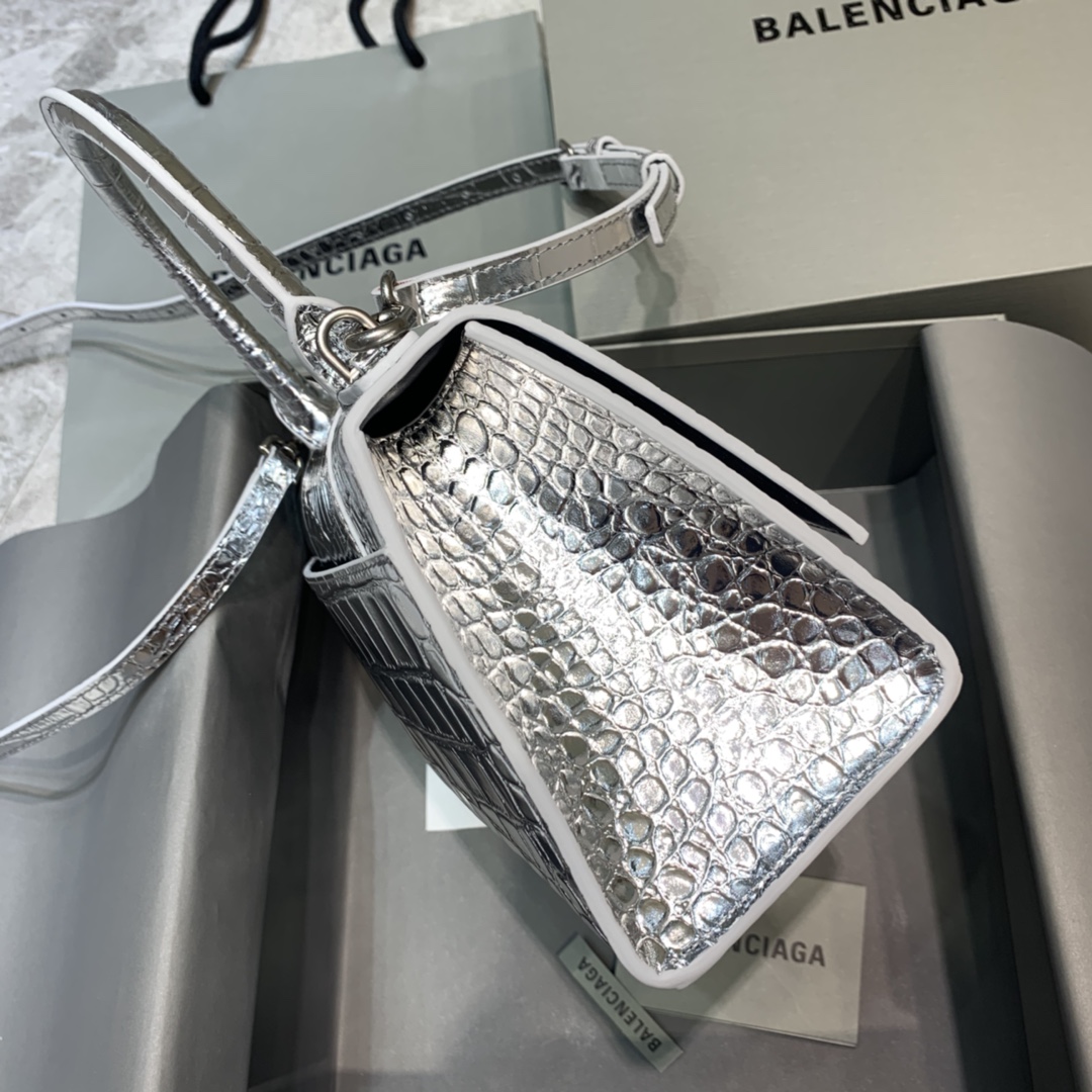 Balenciaga Hourglass Small Handbag Crocodile Embossed Shoulder Bag Silver